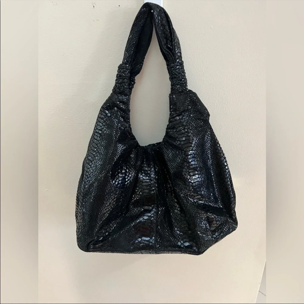 NWOT PERLINA BLACK SNAKESKIN EMBOSSED Hobo Bag w/Bow Sash